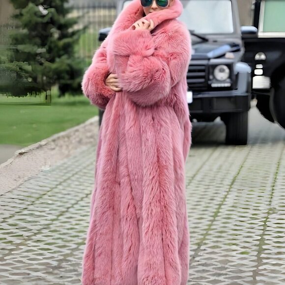 Pink Casual Womens Luxurious Waterfall Neckline Flowy  Faux Fur Long Jacket Coat - Picture 3 of 8